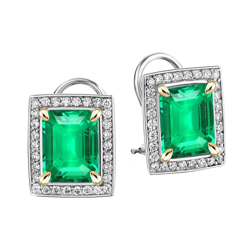 Colombian Green Emerald Halo Studs Real Diamond Earrings Omega Backs