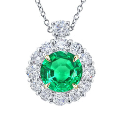 Natural Real ( Not Lab Grown ) Columbian Green Emerald GIA Halo Diamond Pendant For Women