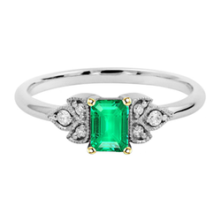Comfort Fit Diamond Green Emerald Ring Milgrain Design