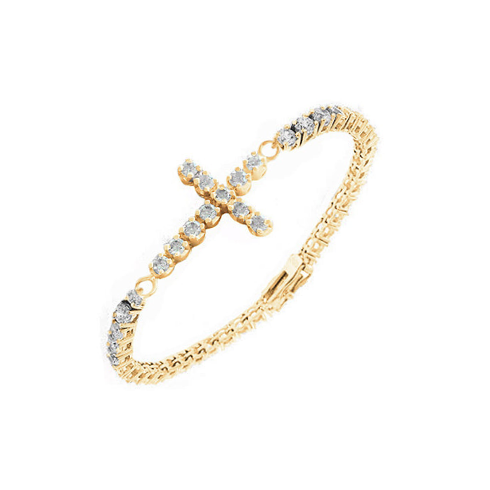 Cross Lab Grown Diamond Tennis Bracelet 12 Carats Yellow Gold Round Cut Jewelry