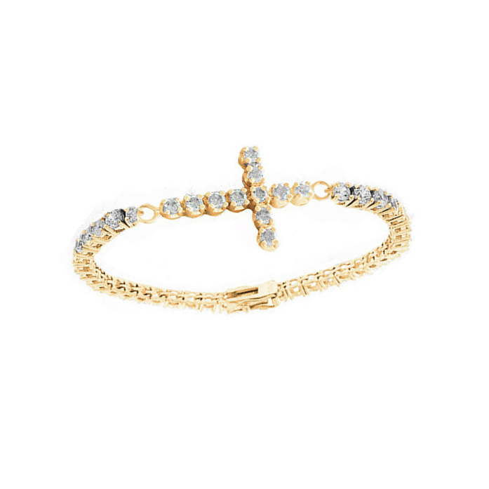 Cross Lab Grown Diamond Tennis Bracelet 12 Carats Yellow Gold Round Cut Jewelry
