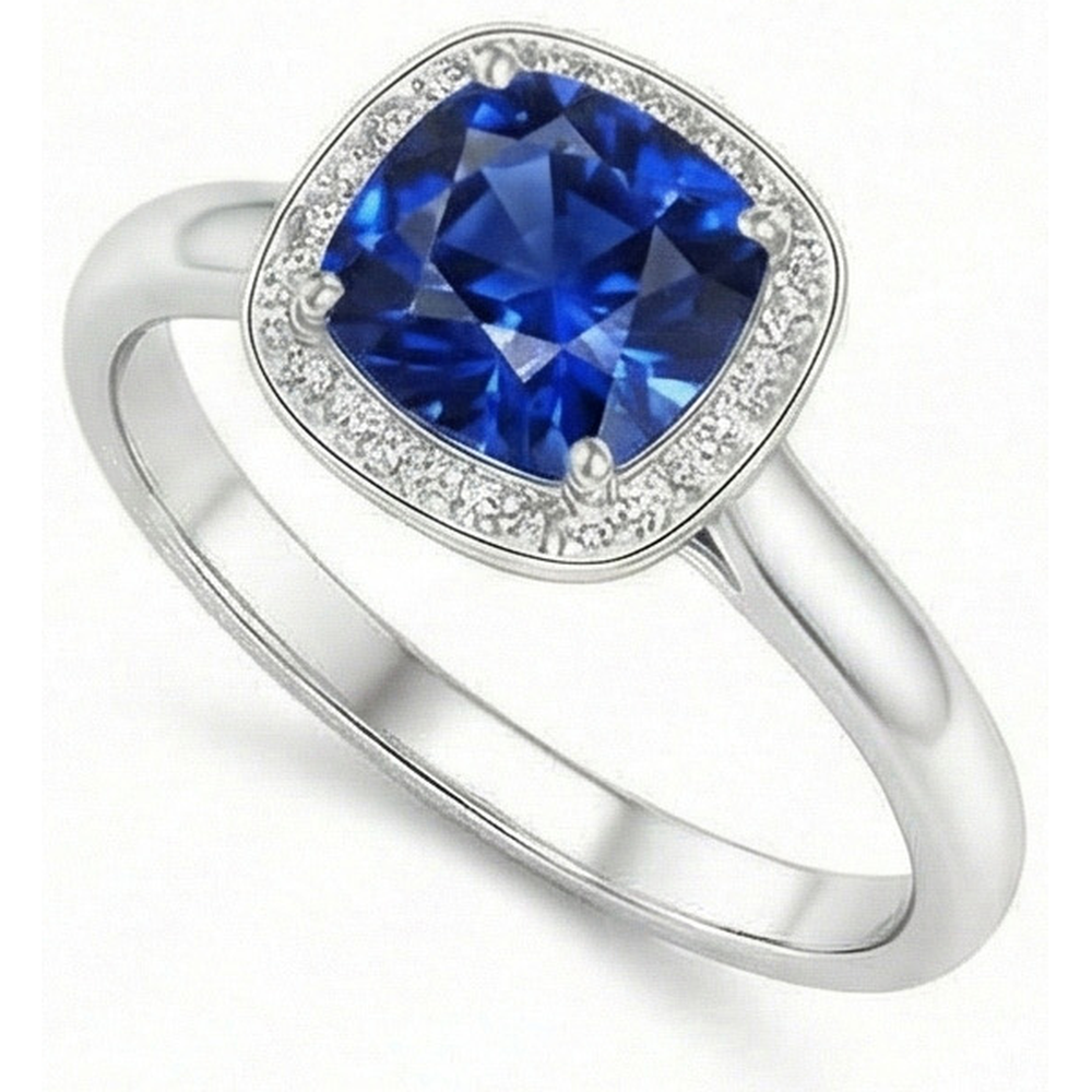 Natural Real ( Not Lab Grown )  Cushion And Round Cut 3 Ct Kashmir Sapphire Ring White Gold 14K