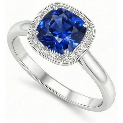 Natural Real ( Not Lab Grown )  Cushion And Round Cut 3 Ct Kashmir Sapphire Ring White Gold 14K