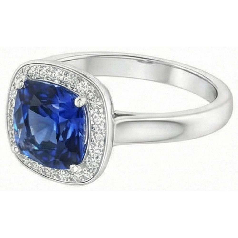Natural Real ( Not Lab Grown )  Cushion And Round Cut 3 Ct Kashmir Sapphire Ring White Gold 14K