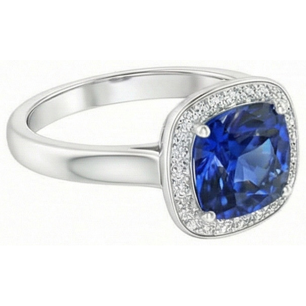 Natural Real ( Not Lab Grown )  Cushion And Round Cut 3 Ct Kashmir Sapphire Ring White Gold 14K