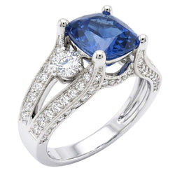 Cushion And Round Cut 5.40 Ct Sri Lankan Sapphire And Natural Earth Mined Diamonds Ring