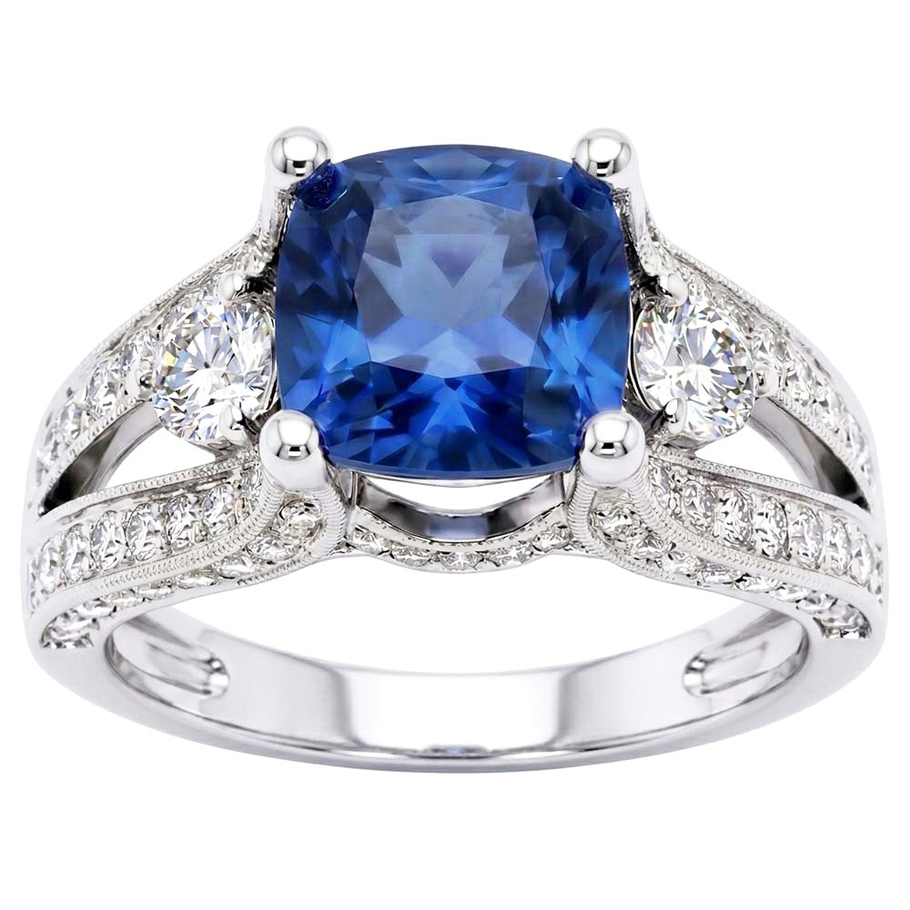 Cushion And Round Cut 5.40 Ct Sri Lankan Sapphire And Natural Earth Mined Diamonds Ring