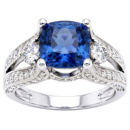 Cushion And Round Cut 5.40 Ct Sri Lankan Sapphire And Natural Earth Mined Diamonds Ring