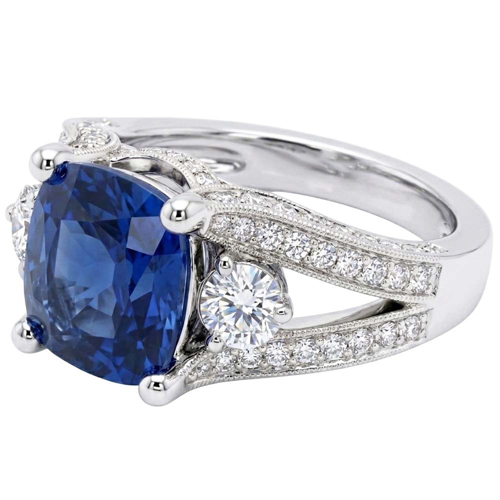 Cushion And Round Cut 5.40 Ct Sri Lankan Sapphire And Natural Earth Mined Diamonds Ring