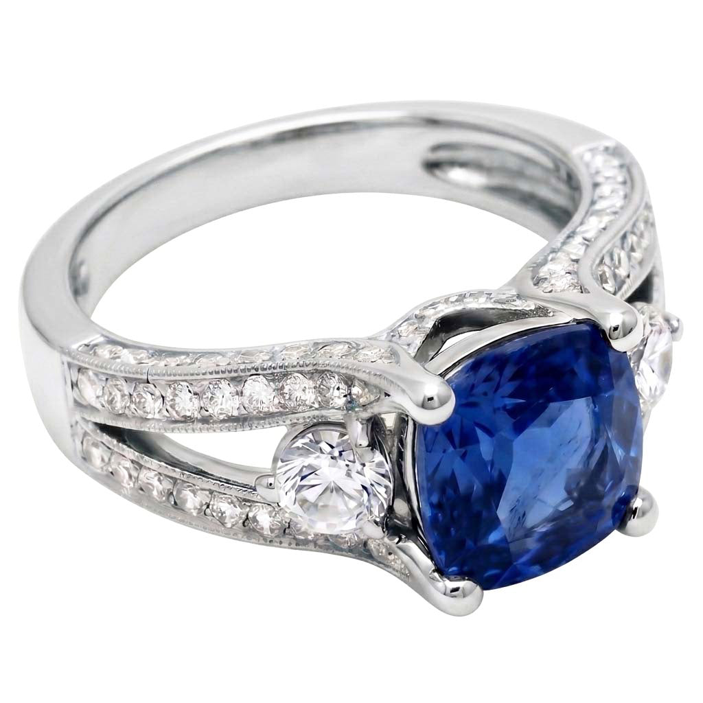 Cushion And Round Cut 5.40 Ct Sri Lankan Sapphire And Natural Earth Mined Diamonds Ring