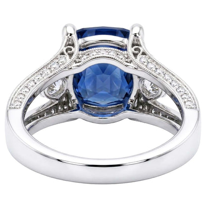 Cushion And Round Cut 5.40 Ct Sri Lankan Sapphire And Natural Earth Mined Diamonds Ring