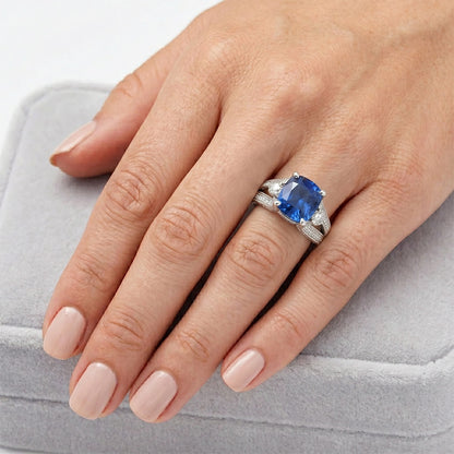 Cushion And Round Cut 5.40 Ct Sri Lankan Sapphire And Natural Earth Mined Diamonds Ring