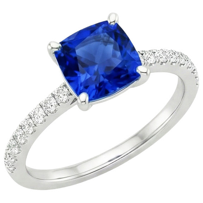 Cushion Blue Sapphire Natural Earth Mined Diamond Ring With Pave Set Accents 2.75 Carats