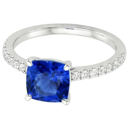 Cushion Blue Sapphire Natural Earth Mined Diamond Ring With Pave Set Accents 2.75 Carats