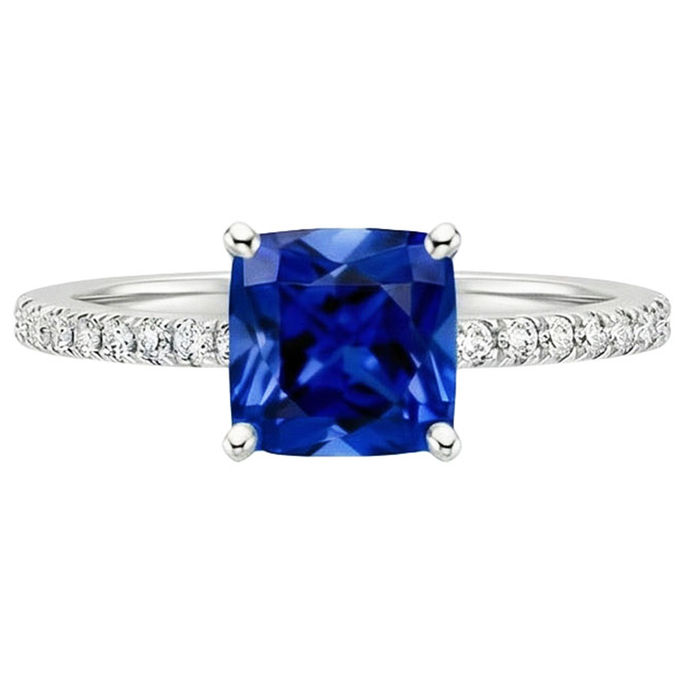 Cushion Blue Sapphire Natural Earth Mined Diamond Ring With Pave Set Accents 2.75 Carats