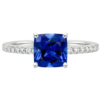 Cushion Blue Sapphire Natural Earth Mined Diamond Ring With Pave Set Accents 2.75 Carats