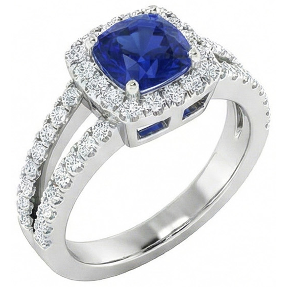 Cushion Blue Sapphire With Natural Earth Mined Diamonds 4.50 Carats Ring White Gold 14K