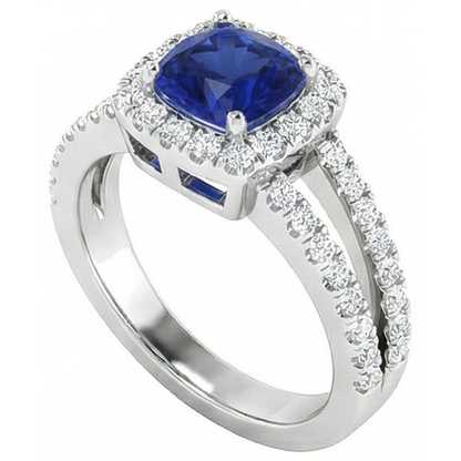 Cushion Blue Sapphire With Natural Earth Mined Diamonds 4.50 Carats Ring White Gold 14K