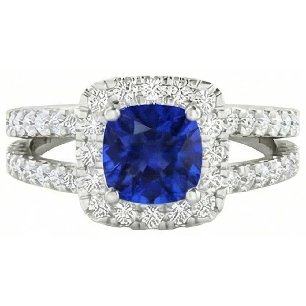 Cushion Blue Sapphire With Natural Earth Mined Diamonds 4.50 Carats Ring White Gold 14K