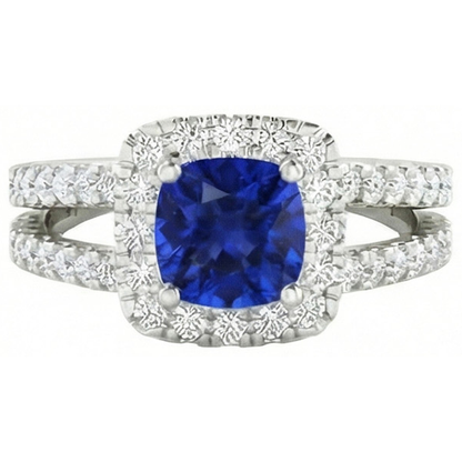 Cushion Blue Sapphire With Natural Earth Mined Diamonds 4.50 Carats Ring White Gold 14K