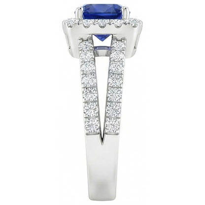 Cushion Blue Sapphire With Natural Earth Mined Diamonds 4.50 Carats Ring White Gold 14K