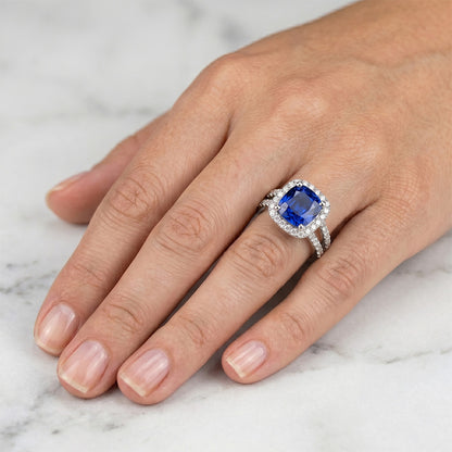 Cushion Blue Sapphire With Natural Earth Mined Diamonds 4.50 Carats Ring White Gold 14K
