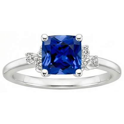 Cushion Blue Sapphire & Natural Earth Mined Diamond Engagement Ring 2.50 Carats White Gold
