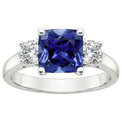 Cushion Ceylon Sapphire Natural Earth Mined Diamond 3 Stone Ring 3.25 Carats
