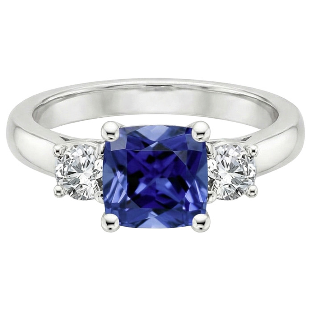 Cushion Ceylon Sapphire Natural Earth Mined Diamond 3 Stone Ring 3.25 Carats