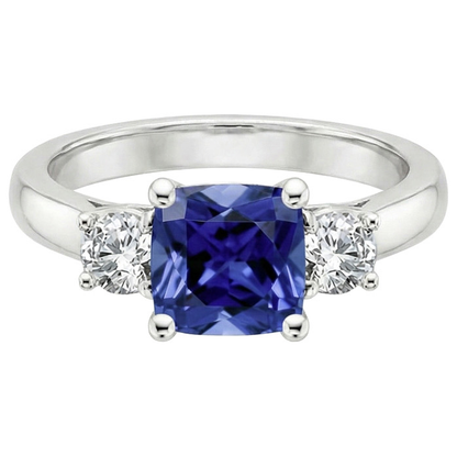 Cushion Ceylon Sapphire Natural Earth Mined Diamond 3 Stone Ring 3.25 Carats