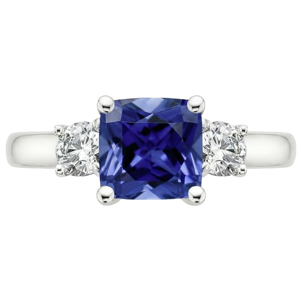 Cushion Ceylon Sapphire Natural Earth Mined Diamond 3 Stone Ring 3.25 Carats