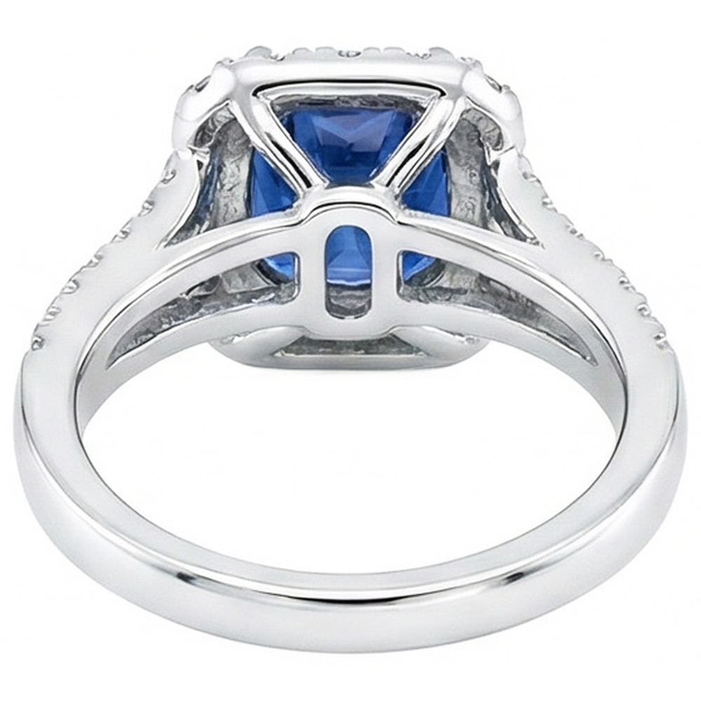Cushion Ceylon Sapphire Natural Earth Mined Diamond Ring Accents 3 Carats WG 14K