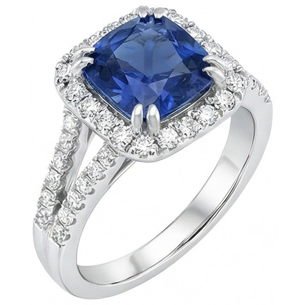 Cushion Ceylon Sapphire Natural Earth Mined Diamond Ring Accents 3 Carats WG 14K