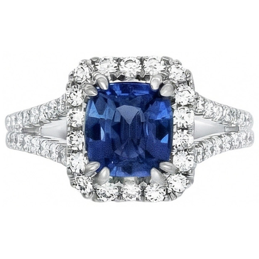 Cushion Ceylon Sapphire Natural Earth Mined Diamond Ring Accents 3 Carats WG 14K