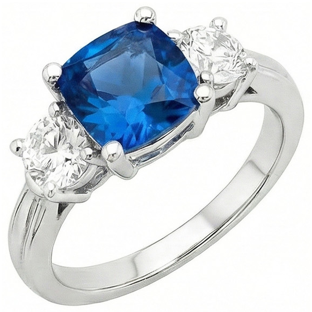 Cushion Ceylon Sapphire Round Natural Earth Mined Diamonds 4.51 Carat 3-Stone Ring