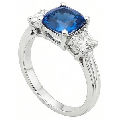 Cushion Ceylon Sapphire Round Natural Earth Mined Diamonds 4.51 Carat 3-Stone Ring