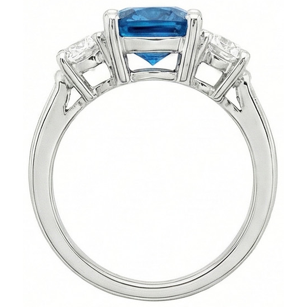 Cushion Ceylon Sapphire Round Natural Earth Mined Diamonds 4.51 Carat 3-Stone Ring