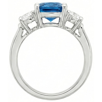 Cushion Ceylon Sapphire Round Natural Earth Mined Diamonds 4.51 Carat 3-Stone Ring