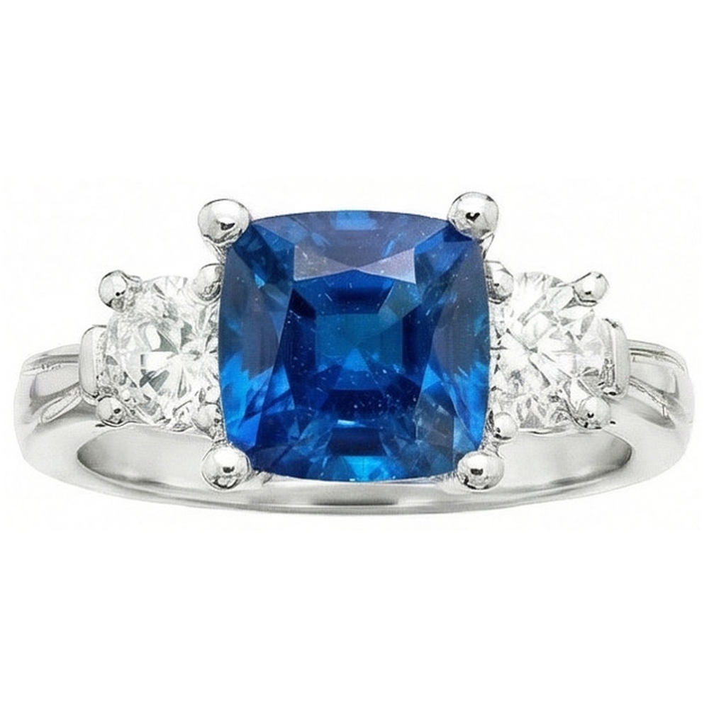 Cushion Ceylon Sapphire Round Natural Earth Mined Diamonds 4.51 Carat 3-Stone Ring