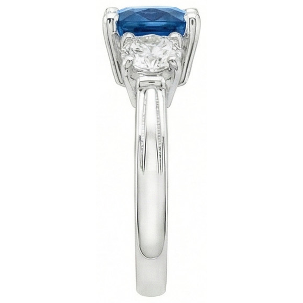 Cushion Ceylon Sapphire Round Natural Earth Mined Diamonds 4.51 Carat 3-Stone Ring