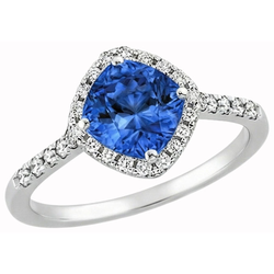 Cushion Cut Blue Sapphire & Round Natural Earth Mined Diamond Ring 3 Ct. White Gold 14K