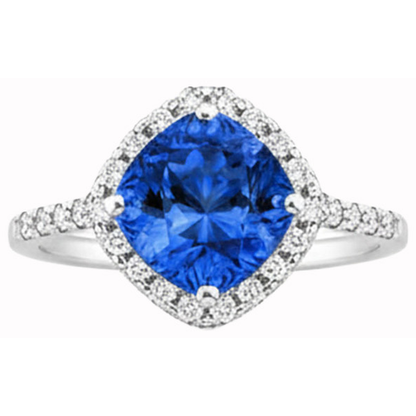 Cushion Cut Blue Sapphire & Round Natural Earth Mined Diamond Ring 3 Ct. White Gold 14K