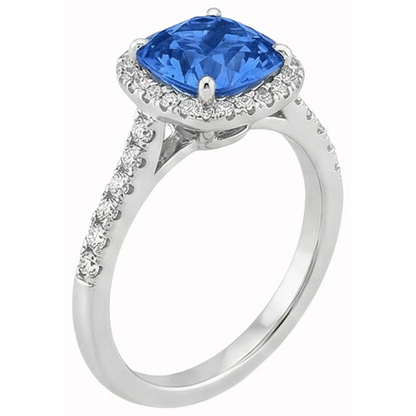 Cushion Cut Blue Sapphire & Round Natural Earth Mined Diamond Ring 3 Ct. White Gold 14K