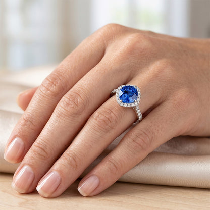 Cushion Cut Blue Sapphire & Round Natural Earth Mined Diamond Ring 3 Ct. White Gold 14K