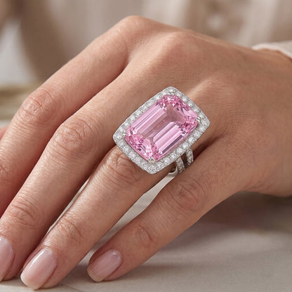 Cushion Cut Pink Kunzite 24.50 Ct Natural Earth Mined Diamond Ring White Gold Lady Jewelry