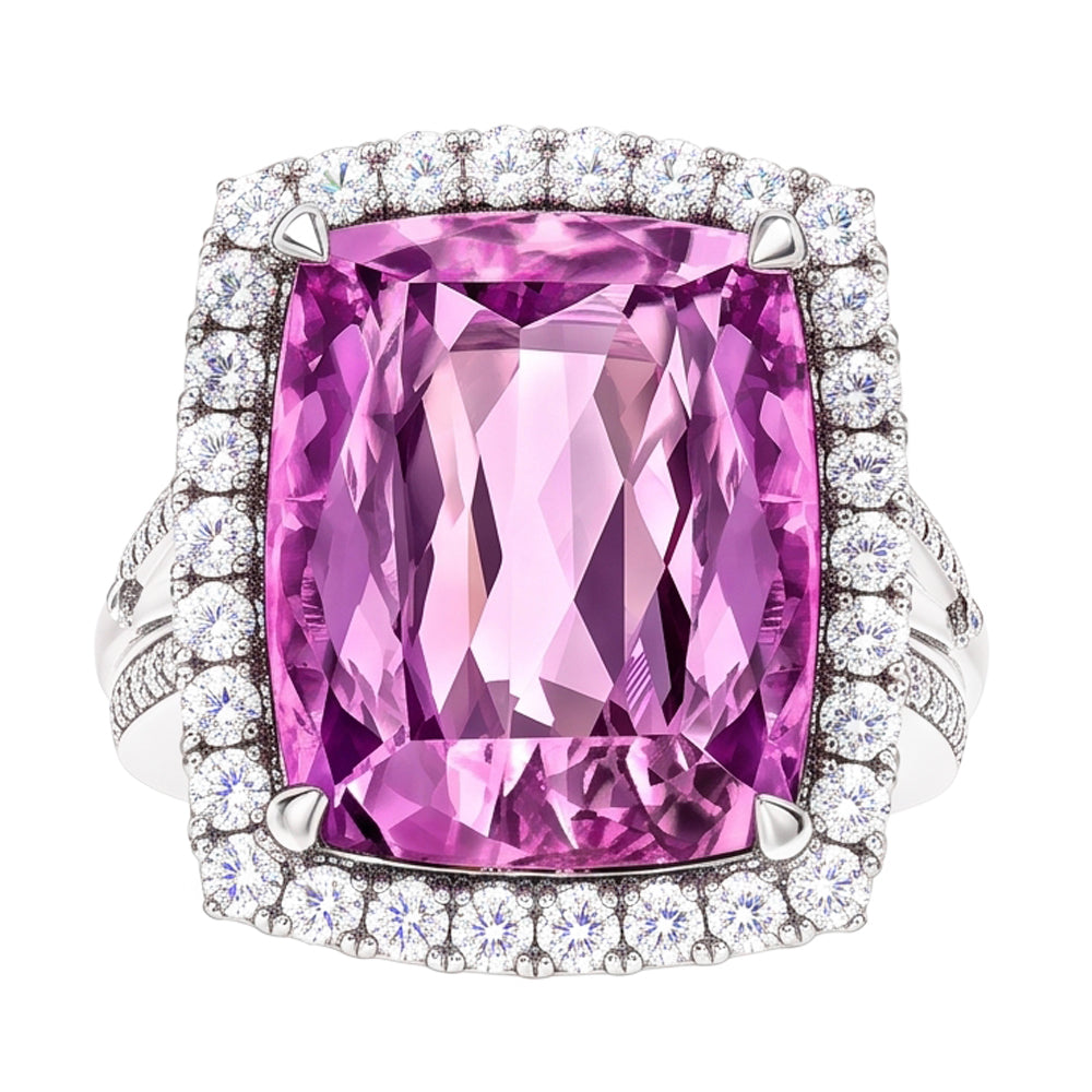 Cushion Cut Pink Kunzite Natural Earth Mined Diamond Fancy Ring 16.20 Carats White Gold