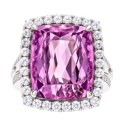 Cushion Cut Pink Kunzite Natural Earth Mined Diamond Fancy Ring 16.20 Carats White Gold