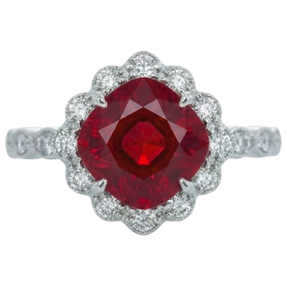 Cushion Cut Red Ruby Natural Earth Mined Diamond Ring White Gold 14K 2.45 Carats