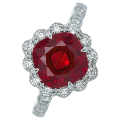 Cushion Cut Red Ruby Natural Earth Mined Diamond Ring White Gold 14K 2.45 Carats