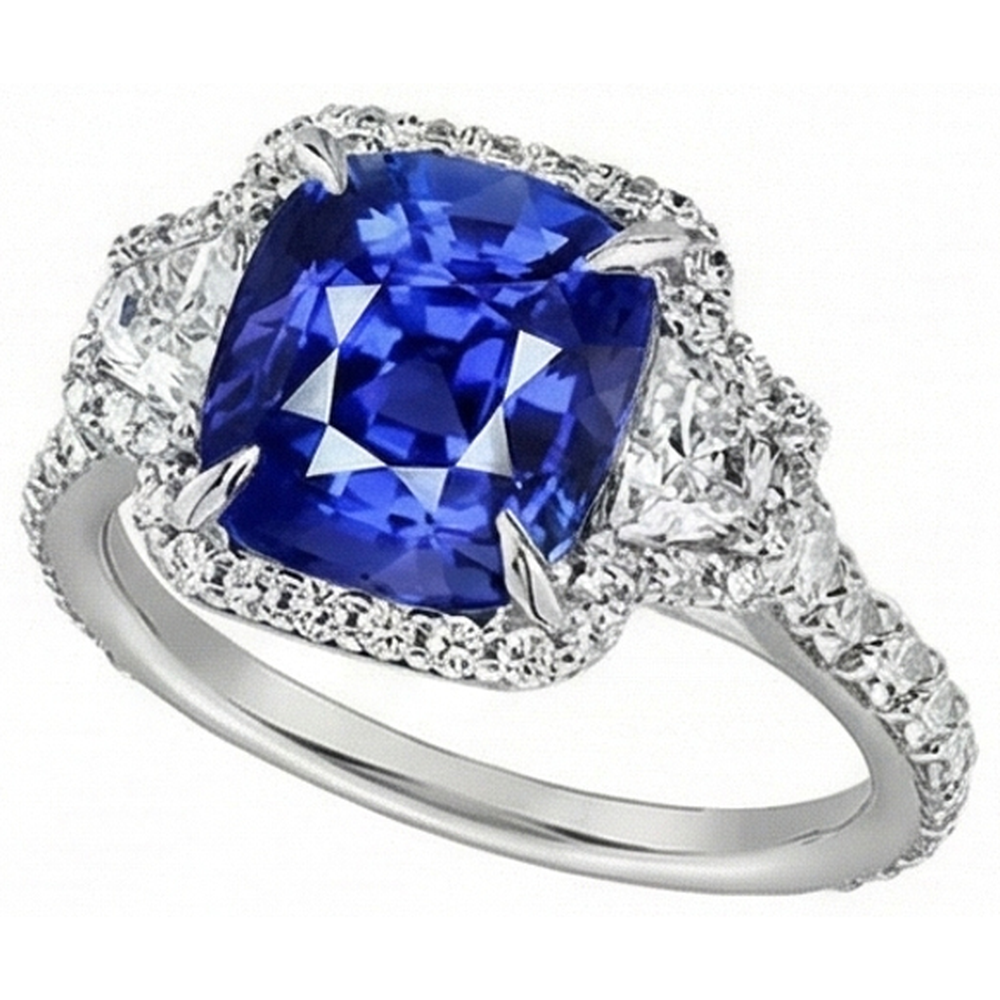 Cushion Cut Sapphire And Natural Earth Mined Diamond Halo Ring